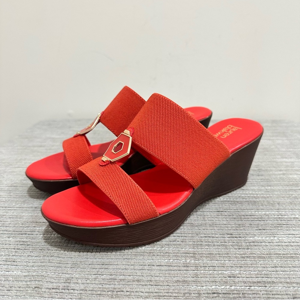 Lauren Blakwell Women's Coral Red Stretch‎ Wedge Sandals - Size 10 NWOT